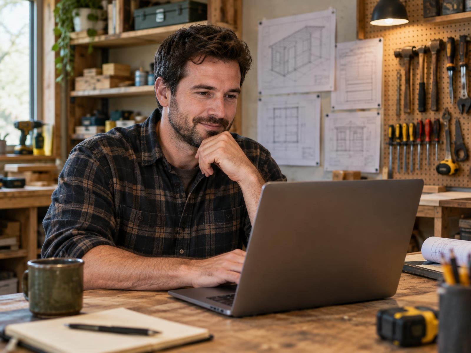 Business owner reviewing results Local business owner reviewing ad results on a laptop in his workshop office