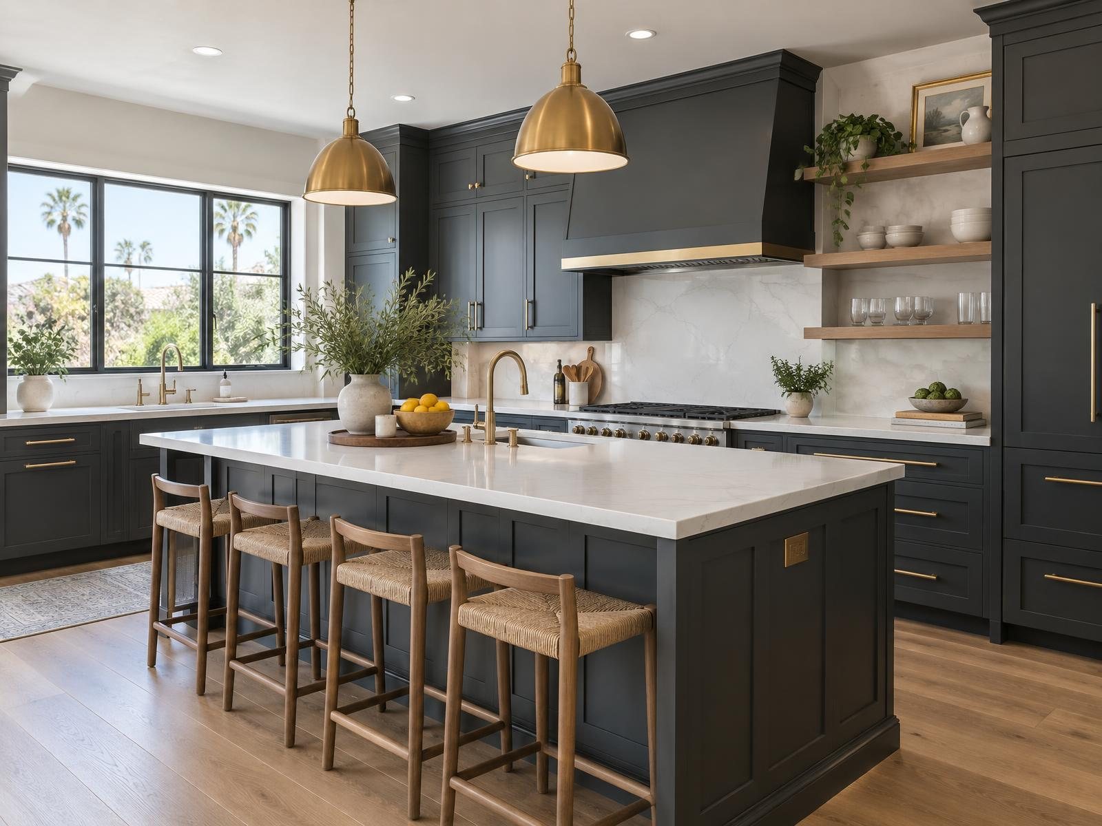 Custom kitchen cabinets Custom charcoal shaker kitchen cabinets with brass pulls and a white quartz island
