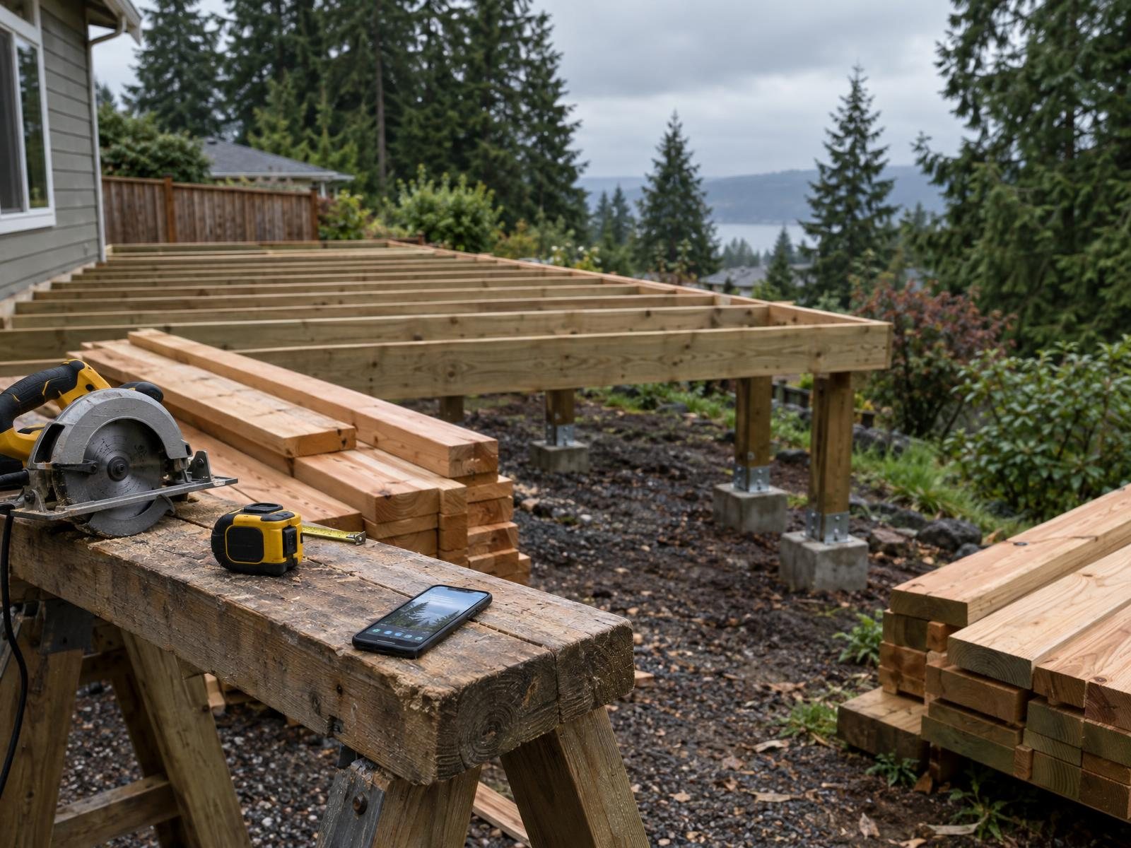 Half-built deck frame with lumber, a circular saw and a phone on a sawhorse at a backyard job site