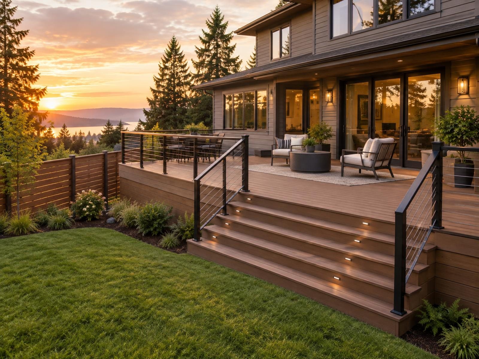 Finished custom deck Newly built custom composite deck with black railings behind a Pacific Northwest home
