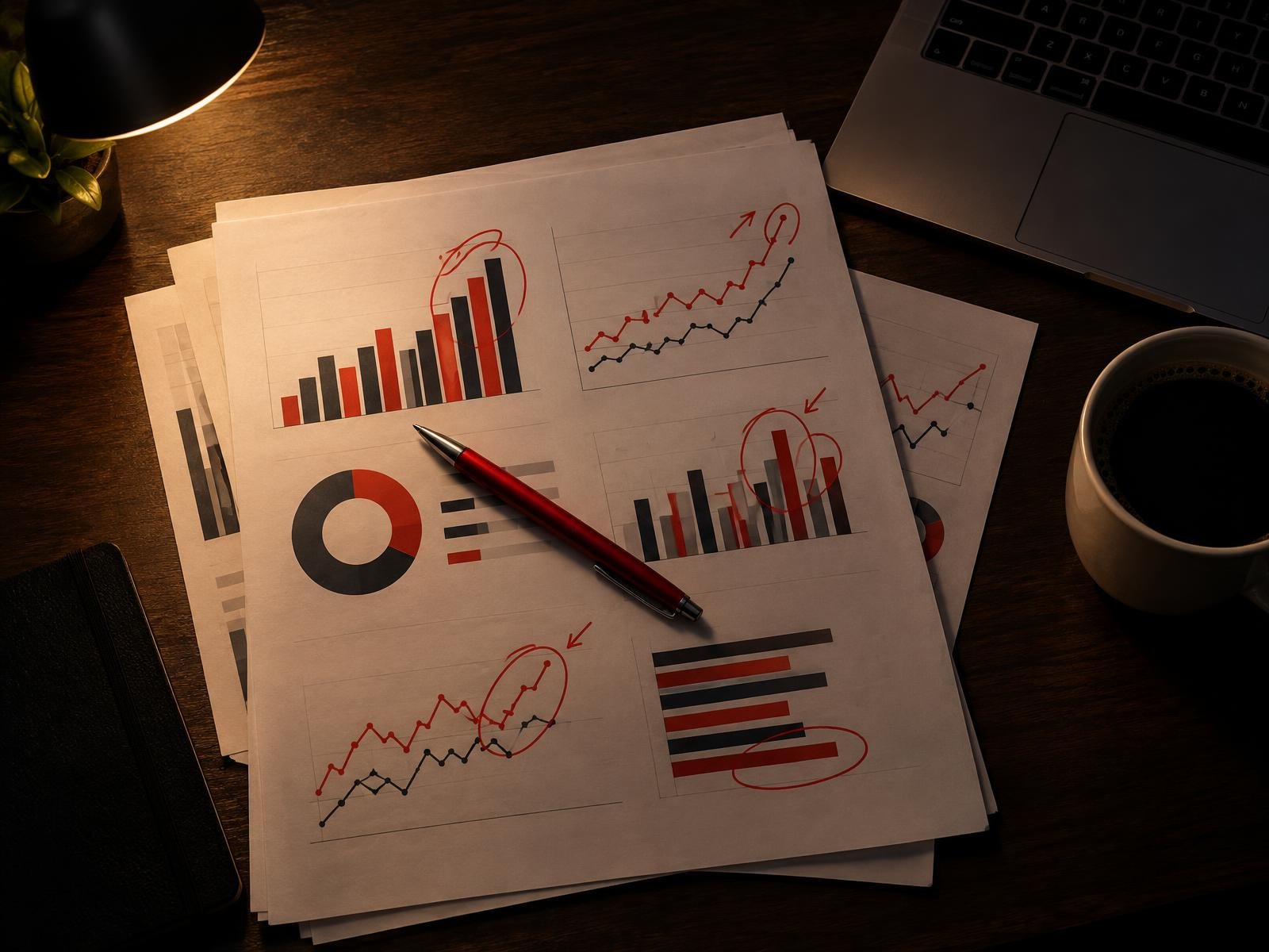 Google Ads audit report Printed Google Ads performance report marked up with a red pen during an account audit