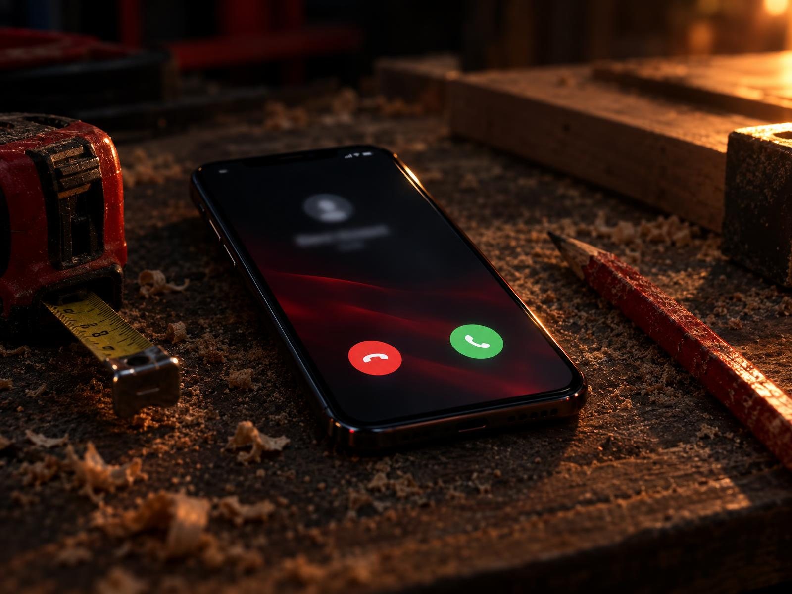 Smartphone on a contractor workbench showing an incoming customer call